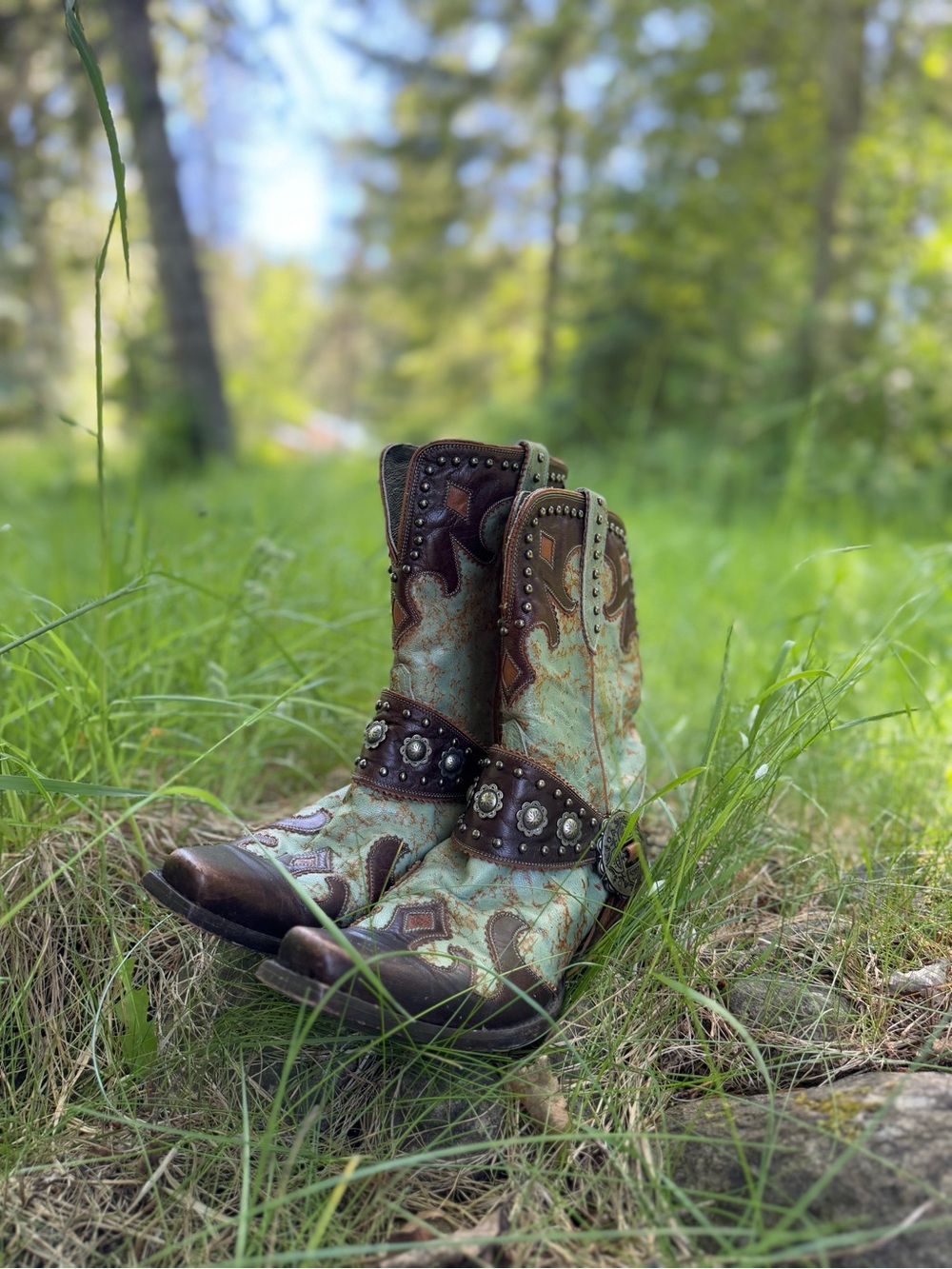 Double D Ranch Turquoise and Brown Studded Western Heeled Boots